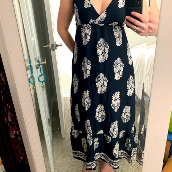 Maxi Dress, Dark Navy with Beige Floral Design, Size Medium, Like New Condition - Picture 4 of 5